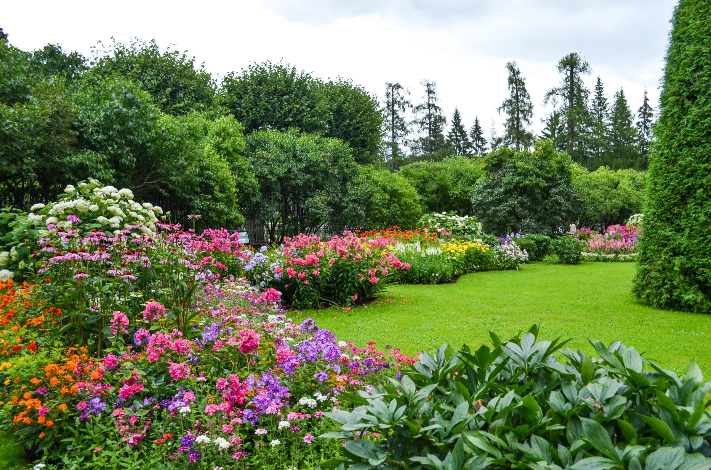 Botanical garden landscape with flowering beds